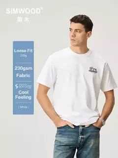 SIMWOOD 2025 novedad de verano, camisetas de tela de sensación fresca de gran tamaño 230gsm para hombres, camisetas de moda con estampado de letras de alta calidad