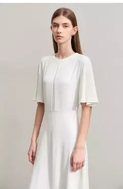 Amii-Vestidos minimalistas de verano para mujer, traje liso con cuello redondo, malla empalmada, manga larga con volantes, cintura francesa, 2024 - comprar en línea
