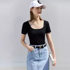 AMII-camisetas minimalistas para mujer, camisetas con cuello en U, cómodas, elásticas, ajustadas, versátiles, de manga corta, para verano 2024 12342288 - Eleganzie