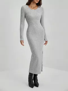 Mia Muse Vestidos de mujer Otoño Invierno tejidos a rayas con abertura en U cuello elástico básico ceñido al cuerpo largo Casual Maxi vestidos largos - comprar en línea