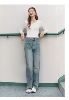Semir Jeans Mujer Pantalones largos hasta el suelo de algodón puro Laid-back 2025 Nueva primavera Pantalones anchos de cintura alta Moda y fresco - Eleganzie