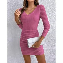 Mia Muse Vestidos de mujer Otoño Casual apropiado delgado liso manga larga con cuello en V Mini vestidos ajustados de moda - comprar en línea