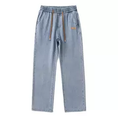 Pantalones vaqueros elásticos de cintura elástica para hombre, ropa de calle suelta, longitud completa, pantalones vaqueros rectos de pierna ancha con cordón, azul oscuro on internet
