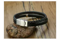 Vnox, pulseras de cuero genuino con líneas de coser únicas para hombres y mujeres, brazalete en capas con barra de acero inoxidable, Pulseira informal - comprar en línea
