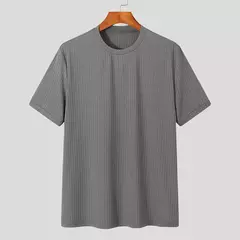 Image of Ropa de verano para hombre, camiseta ligera de lujo, ocio, manga larga, cuello redondo, drapeado, Color sólido, camisa básica holgada, prendas de punto populares