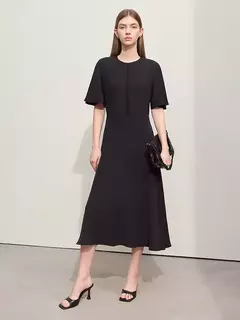 Amii-Vestidos minimalistas de verano para mujer, traje liso con cuello redondo, malla empalmada, manga larga con volantes, cintura francesa, 2024 en internet