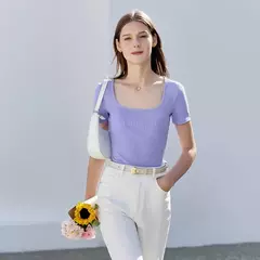 AMII-camisetas minimalistas para mujer, camisetas con cuello en U, cómodas, elásticas, ajustadas, versátiles, de manga corta, para verano 2024 12342288 - online store