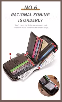 Cartera Bullcaptain retro RFID con cremallera y compartimento para hombre, tarjetero RFID, mini cartera de cuero antirrobo para hombre - Eleganzie