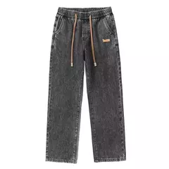 Pantalones vaqueros elásticos de cintura elástica para hombre, ropa de calle suelta, longitud completa, pantalones vaqueros rectos de pierna ancha con cordón, azul oscuro
