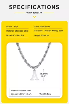 Vnox Collares iniciales para mujeres y hombres, colgante con dije del alfabeto de letras A-Z de acero inoxidable con cadena de cuerda trenzada, collar unisex - Eleganzie