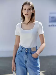 AMII-camisetas minimalistas para mujer, camisetas con cuello en U, cómodas, elásticas, ajustadas, versátiles, de manga corta, para verano 2024 12342288 - buy online