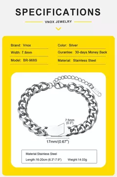 Vnox Pulseras de cadena cubana para hombre y mujer, pulsera de eslabones de acero inoxidable de 7,5 mm, joyería de personalidad simple ajustable - Eleganzie