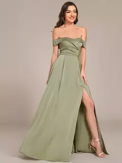 Vestidos de noche elegantes con hombros descubiertos, mangas cortas plisadas hasta el suelo, vestido de dama de honor verde salvia de corte A, 2025