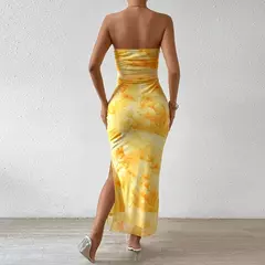 Imagen de Mia Muse-vestidos de vacaciones de verano con estampado gráfico decente, sin tirantes, sin mangas, con hombros descubiertos, Maxi vestidos con abertura lateral para mujer