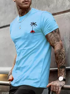 Camiseta de manga corta con cuello redondo y estampado de cocoteros 100% algodón de talla grande informal de verano para hombre