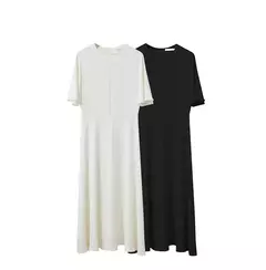 Amii-Vestidos minimalistas de verano para mujer, traje liso con cuello redondo, malla empalmada, manga larga con volantes, cintura francesa, 2024