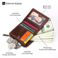 Imagen de Cartera corta de cuero genuino a la moda para hombre con cremallera, cartera de diseño de lujo RFID para hombre, tarjetero de alta calidad