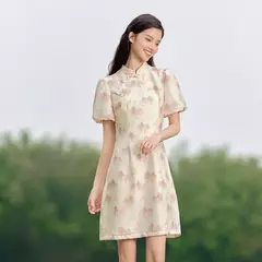 Semir-vestido con estampado de pintura de tinta para mujer, vestido Cheongsam abotonado con mangas de burbuja, novedad de verano 2024 en internet