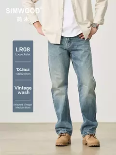 SIMWOOD 2025 primavera nuevo suelto Relax 13,5 oz 100% tela de algodón lavado Vintage Jeans hombres pantalones vaqueros de alta calidad