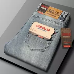 Imagen de 2025 marca Top estilo clásico hombres Primavera Verano Jeans negocios Casual azul claro estiramiento algodón Denim pantalones masculinos