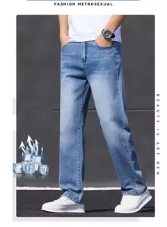 Primavera Verano hombres Color sólido lavado azul claro negocios Casual versátil suave transpirable suelto recto pantalones elásticos para hombres - online store