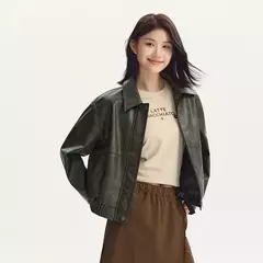 Semir-chaqueta de cuero PU con textura Retro para mujer, abrigo holgado con cuello, estilo callejero, novedad de otoño, 2024 en internet