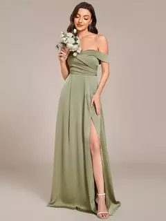 Vestidos de noche elegantes con hombros descubiertos, mangas cortas plisadas hasta el suelo, vestido de dama de honor verde salvia de corte A, 2025