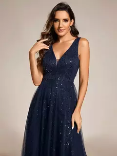 Preciosos vestidos de noche con cuello en V, sin mangas, cintura alta, tul transparente con lentejuelas, vestido de dama de honor azul marino Ever Pretty 2025 - tienda en línea