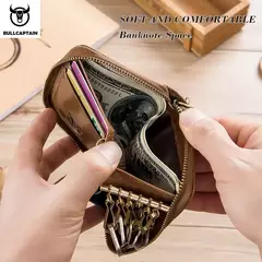 Imagen de BULLCAPTAIN, bolso para tarjetas y llaves de cuero genuino para hombre, caja para llaves multifunción de alta calidad, llavero para coche, billetera, Mini tarjetero, Clip para llaves