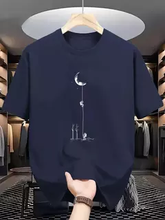 Camiseta holgada informal de algodón puro 100% de verano para hombre, camiseta de manga corta con estampado de aterrizaje de Luna de talla grande y cuello redondo on internet