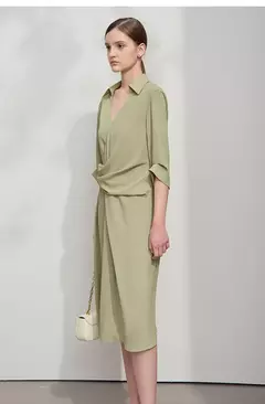 AMII vestido minimalista mujer 2025 primavera nuevo elegante Oficina señora solapa cuello pico ajustado no elástico plisado hasta la rodilla vestido acampanado 12521027 - online store