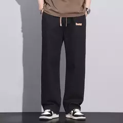 Pantalones vaqueros elásticos de cintura elástica para hombre, ropa de calle suelta, longitud completa, pantalones vaqueros rectos de pierna ancha con cordón, azul oscuro - Eleganzie
