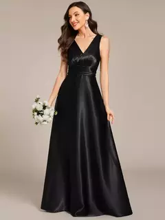 Vestidos de noche elegantes Escote en V profundo Cintura imperio Bolsillos de satén Hasta el suelo 2025 Ever Pretty of Olive Green Vestido de dama de honor - tienda en línea