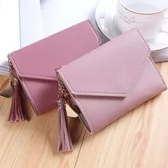 Carteras cortas de moda para mujer, billetera de cuero PU con borlas de lujo, billetera pequeña con cerrojo, monedero de tendencia, tarjetero para mujer - tienda en línea