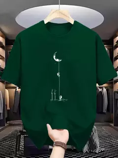 Camiseta holgada informal de algodón puro 100% de verano para hombre, camiseta de manga corta con estampado de aterrizaje de Luna de talla grande y cuello redondo on internet