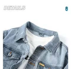 Image of Nueva chaqueta vaquera de algodón informal para hombre de primavera, abrigo vaquero azul Retro lavado ajustado a la moda de estilo clásico, ropa de marca masculina