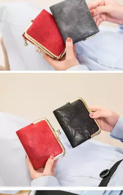 Imagen de MIYIN-cartera pequeña de cuero para mujer, monedero Vintage plegable, compacto, con cremallera y cierre de beso