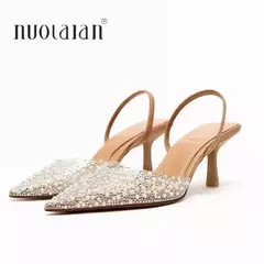 Moda de verano 2024, tacones altos para mujer, decoración de perlas, zapatos de tacón con talón descubierto para mujer, Sandalias de tacón alto con punta estrecha, zapatos elegantes para mujer - comprar en línea