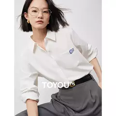 TOYOUTH-Blusa para mujer, camisa de otoño 2024, nueva pintura al óleo multicolor, cuello vuelto, camisa bordada de manga larga, Tops blancos