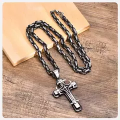 Imagen de Vnox-collar con Cruz para hombre, cadena Bizantina de 4MM, colgante de crucifijo católico de acero inoxidable Punk Rock, joyería religiosa