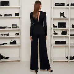 Mia Muse-monos para mujer, para todas las estaciones, francés, elegante, Color sólido, cintura en diseño, manga larga, cuello pronunciado, pierna ancha, adecuado para en internet