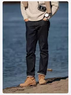 SIMWOOD 2025 Otoño Invierno nuevo ajuste Regular 15oz pantalones vaqueros indecolorables hombres cómodo proceso cepillado forro pantalones vaqueros pesados