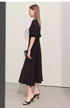 Imagen de Amii-Vestidos minimalistas de verano para mujer, traje liso con cuello redondo, malla empalmada, manga larga con volantes, cintura francesa, 2024