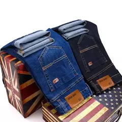 Pantalones vaqueros elásticos ajustados clásicos de otoño para hombre, pantalones de pierna recta de mezclilla de algodón informales de negocios, pantalones negros y azules para hombre - online store