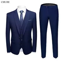 Imagen de Traje elegante para hombre para boda, 3 piezas, 2 conjuntos, chaquetas, chaleco, pantalones, Blazers, abrigos formales de negocios para novio, disfraz 2025