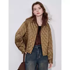 TOYOUTH Chaqueta de algodón para mujer 2024 Otoño e Invierno nuevo estilo de dinero viejo rejilla cuello POLO botón a presión Chaqueta corta abrigo marrón - comprar en línea