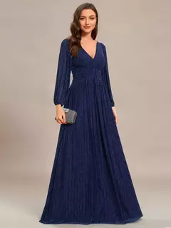 Imagen de Vestido de noche elegante Maxi largo con cuello en V y mangas largas Cintura alta 2025 Ever Pretty of Sparkle Vestido de dama de honor morado brillante