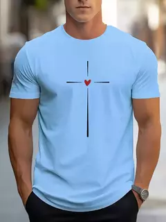 Image of Camiseta holgada de verano 100% algodón con estampado gráfico de corazón de amor para hombre, camiseta deportiva informal ajustada con cuello redondo y manga corta