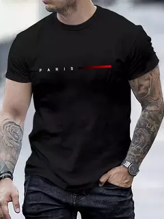 Image of Camiseta holgada de verano 100% algodón para hombre, camiseta informal ajustada con estampado de letras creativas de París, cuello redondo, manga corta