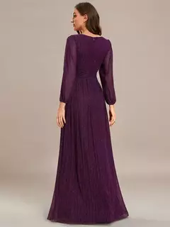 Vestido de noche elegante Maxi largo con cuello en V y mangas largas Cintura alta 2025 Ever Pretty of Sparkle Vestido de dama de honor morado brillante - comprar en línea